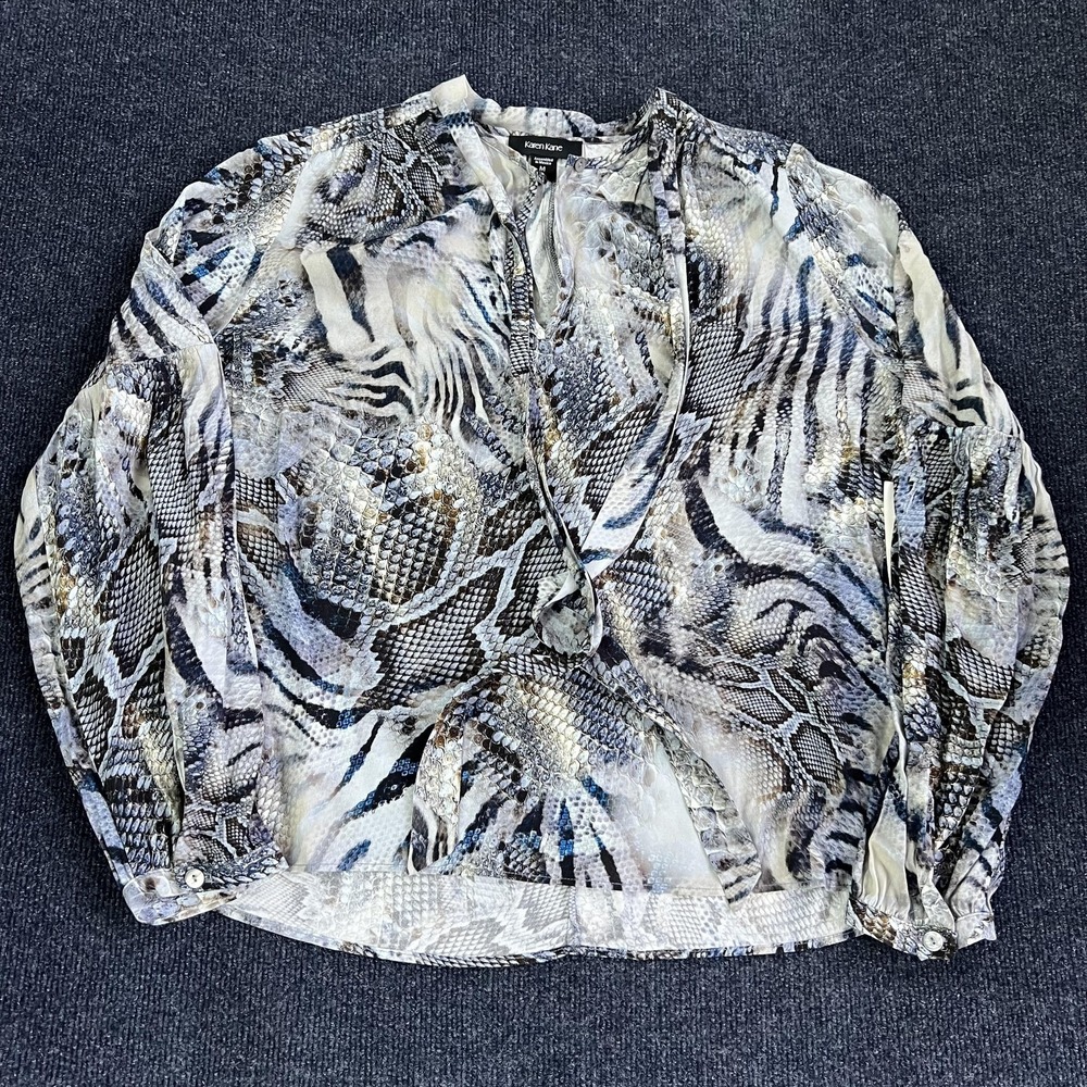 Karen Kane Blouse Womens Medium Gray Snake Print Sheer V Neck Long Sleeve Top